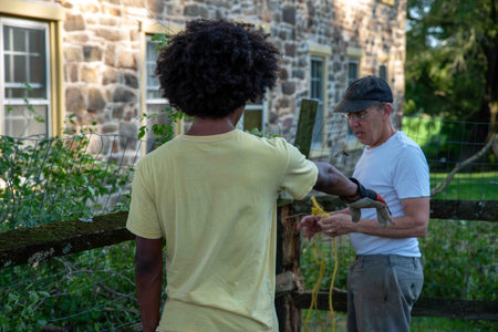 Diverwity image of mixed race family. Father and son working together to repair storm damaged split...