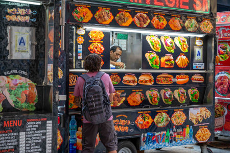 Vendor makes change for customer food at Halal food truck Manhattanのeditorial素材