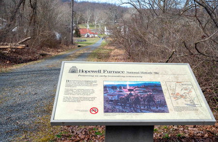 Educational signage on trail to village Hopewell Furnace National Parkのeditorial素材