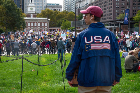 Protesters at No Kings political protest rally Philadelphia PA Independence Hallのeditorial素材