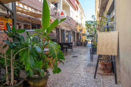 Cobblestone pavement in Algarve Portugal town charming restaurants people large menuのeditorial素材