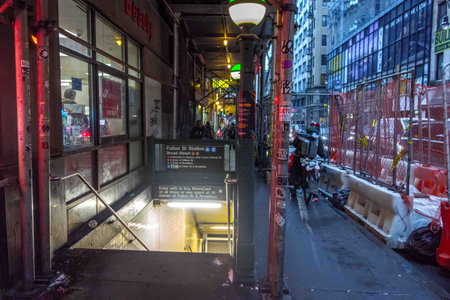 NYC urban street scene entrance Fulton Street subway