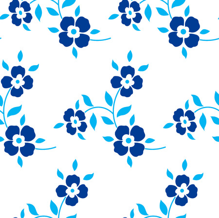 Seamless floral pattern. Blue flowers, leaves, foliage on a white backgroundのイラスト素材