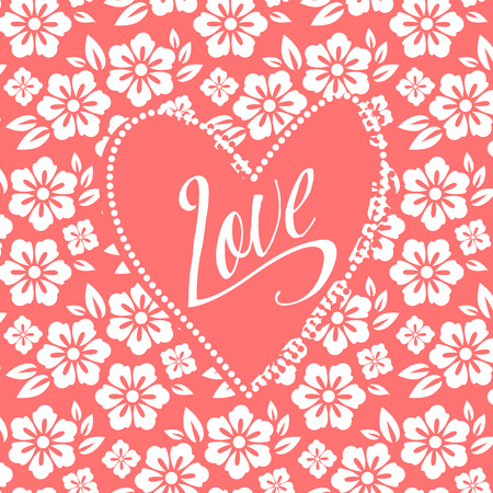 Postcard with heart on white floral pattern. Wedding card. Sign Loveのイラスト素材