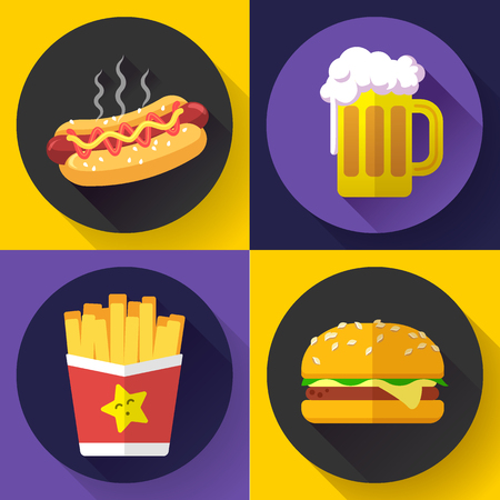 Set of fast food menu and beer icons. Flat design styleのイラスト素材