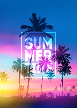 sunset blurred background with typography text vector. Summer Time poster.のイラスト素材