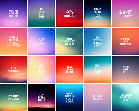 BIG set of 20 square blurred nature backgrounds. With various love quotes relationship man woman. Sunset and sunrise sea blurred backgroundのイラスト素材