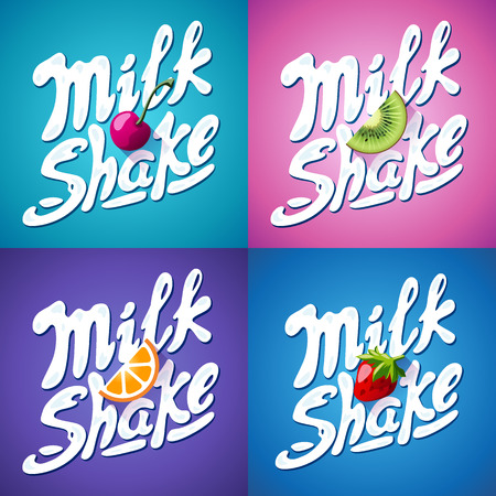 Set of lettering milkshake sign with Strawberry, kiwi, orange, cherry - label for packing, vectorのイラスト素材