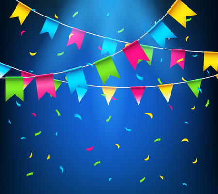 Multicolored bright buntings garlands. Celebrate banner. Party flags with confettiのイラスト素材