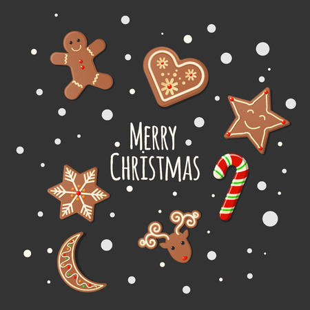 Christmas Cookies Gingerbread shortbread Cookies on dark background - Merry Christmas signのイラスト素材