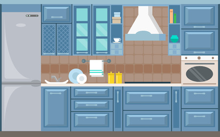 Vector blue kitchen interior card flat illustration. blue shadesのイラスト素材