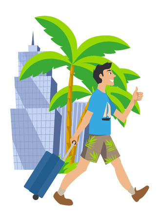 Man goes on vacation. Traveling to another country in the summer. walking with suitcase.のイラスト素材