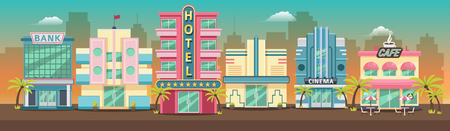 Old city retro Miami skyline panorama at sunsetのイラスト素材