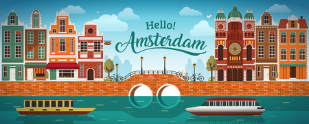 Flat Amsterdam panorama Holland, River sea canal channel bridge boat embankment bicycle multi color street.のイラスト素材
