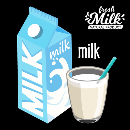 Milk pack and glass of milk pack and glass of milk icon flat style. Isolated on black background. Vector illustrationのイラスト素材