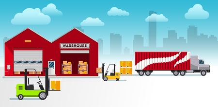 Warehouse building and shipping process flat horizontal banner set isolated vector illustrationのイラスト素材