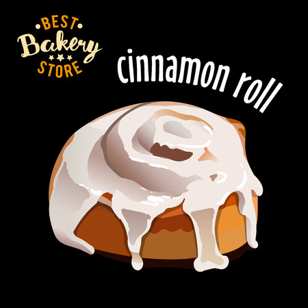 Glazed cinnamon roll isolated on black background vector illustrationのイラスト素材