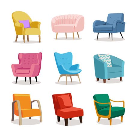 Set of modern colorful soft armchair with upholstery. Armchairs for room design games. Cushioned furniture, room decoration, interior design isolated on white. Vector illustration flat style.のイラスト素材