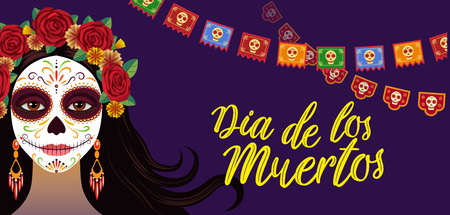 Day of dead, colorful banner and card with girl with traditional make-up and flowers in hair, Mexican holiday, sugar skull. Dia de los muertos party invitation. Vector illustration in flat style.のイラスト素材