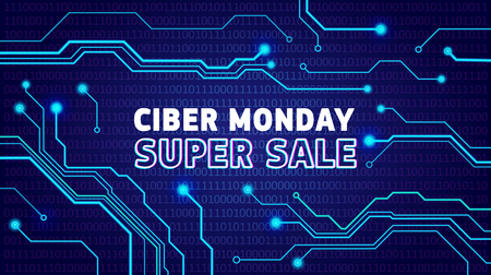 Cyber monday sale poster, bunner, invitation with electrical pulses. Online sale advertisign design, announcement. Vector illustration.のイラスト素材