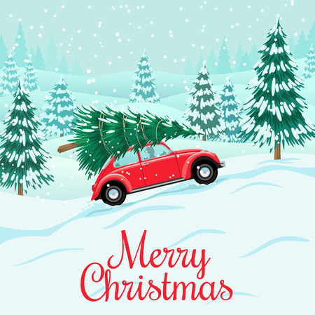 Red auto with christmas tree on roof, deliveryのイラスト素材