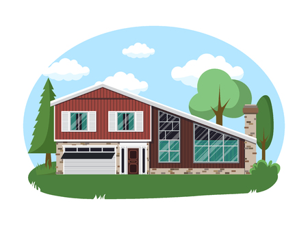 Cartoon house exterior with blue clouded sky Front Home Architecture Concept Flat Design Style. Vector illustration of Facade Buildingのイラスト素材
