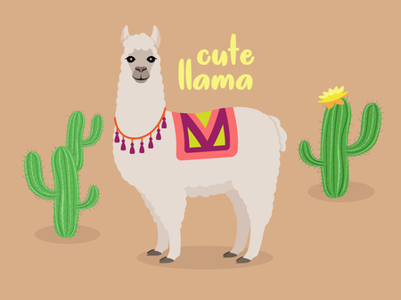 Cute llama in desert with cactus vectorの写真素材