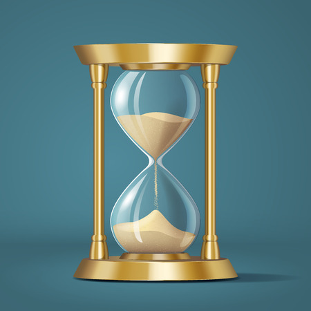 Icon realistic golden bright hourglass, watch with running sand inside, isolated, simple, elegant timer, clock, vector illustrationのイラスト素材