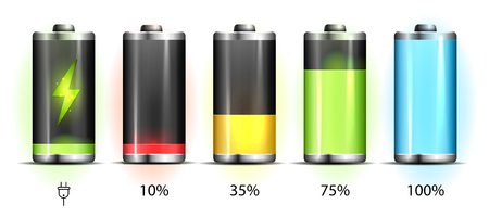 Realistic discharged and fully charged battery smartphone - vector infographic. Isolated on white backgroundのイラスト素材