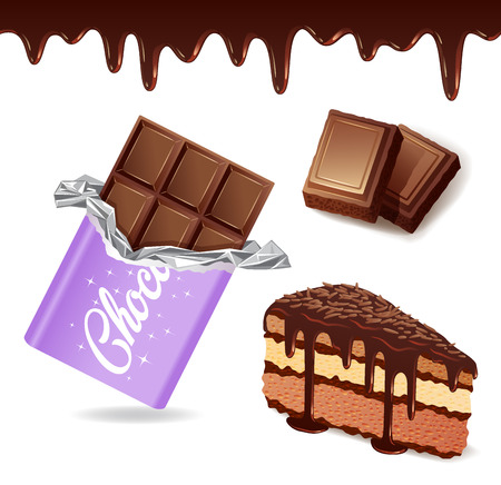 Set of chocolate desserts, chocolate bar in wrapper, pieces of chocolate, chocolate cake isolated on white background. Vector illustration in flat style.のイラスト素材