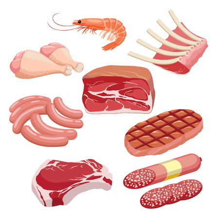 Meat icon set vector Fresh and grilled meat icons set. Steak, shrimp, chicken leg, sausages, ribs, pork and beef isolated on white backgroundのイラスト素材
