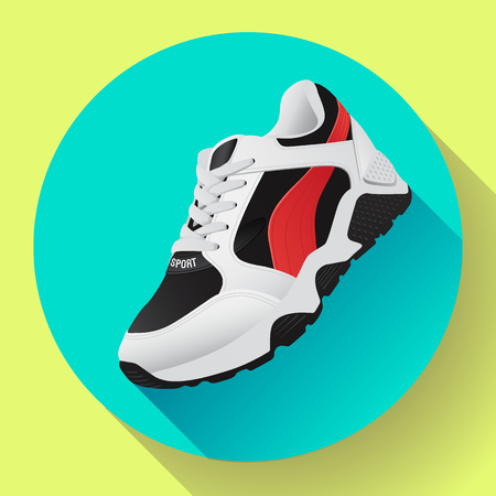 fitness sneakers shoes for training running shoe flat design with long shadow. Fitness appのイラスト素材