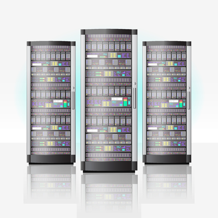Server room, hosting data center, cloud database technology, equipment racks, storage concept, vector illustration isolated on white backgroundのイラスト素材