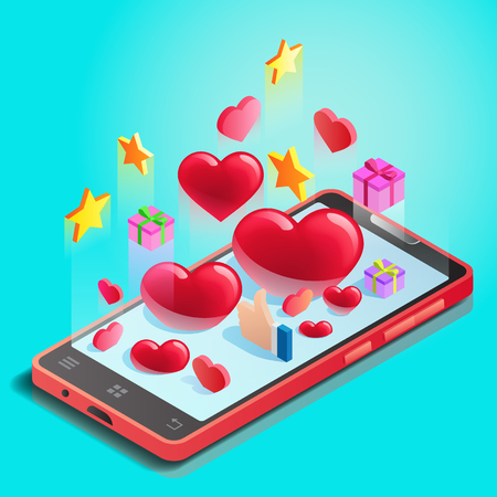 Abstraction, mobile phone with hearts, online dating, likes and gifts in social networks, Valentines Day celebration, chatting with l beloved, vector illustrationのイラスト素材