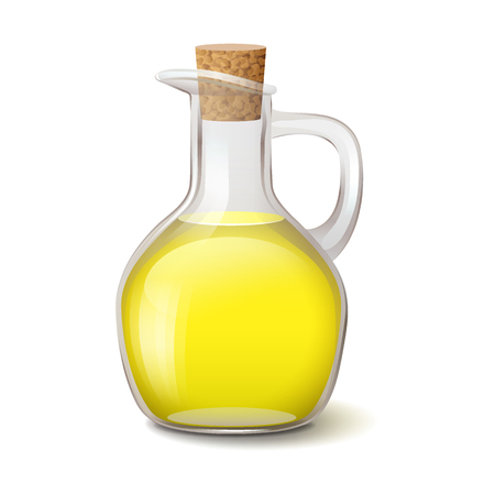 Realistic glass bottle with bright yellow vegetable oil and wooden bung, vector illustration isolated on white backgroundのイラスト素材