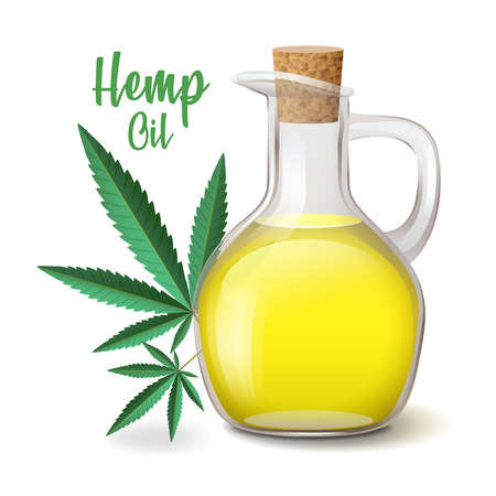 Natural hemp oil icons set, flask and glass bottle, drop, hemp, cannabis hemp leafのイラスト素材