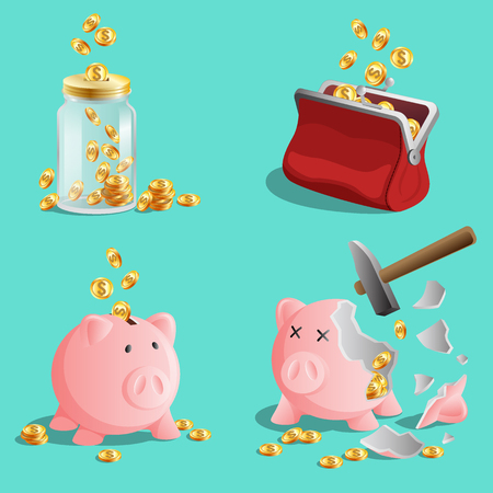 Savings money concept, set of piggy bank, glass jar moneybox, red stylish purse with gold coins, vector illustrationのイラスト素材