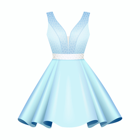 Elegant white blue women cocktail dress, fashion clothes with pattern print, with short skirt, flat style vector illustration isolated on white backgroundのイラスト素材