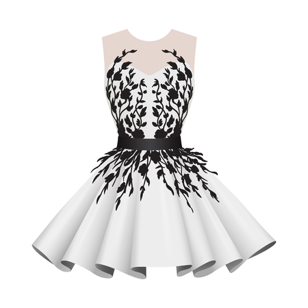 Elegant white with black women cocktail dresses, fashion clothes with pattern print, with short skirt, flat style vector illustration isolated on white backgroundのイラスト素材