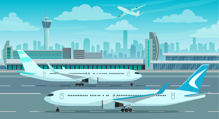Airport Terminal building and airplanes on runway, city landscape on background, vector illustrationのイラスト素材