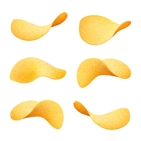 Set of yellow crispy chips isolated on white background, different shape pieces of potato snack, vector illustrationのイラスト素材