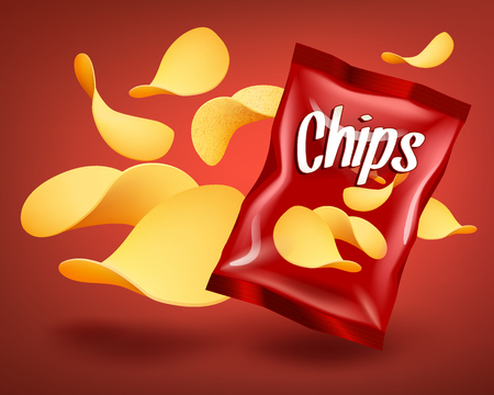 Red chips package mockup with yellow crispy snacks, advertising composition concept, realistic natural potatoes chips, vector illustrationのイラスト素材