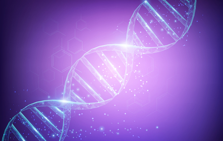 Wireframe DNA molecules structure mesh low poly consisting of points, lines, and shapes on dark purple background. Science and Technology concept.のイラスト素材