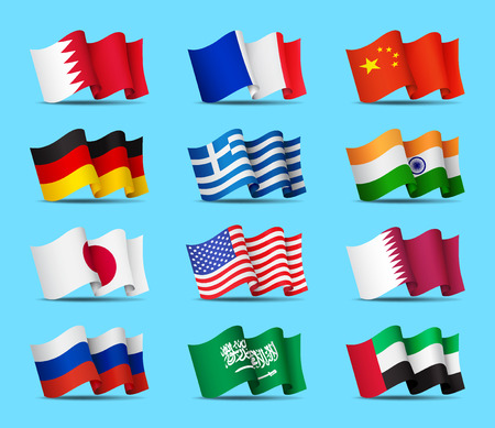 Set of waving flags icons isolated, official symbols of countrys, vector illustration.のイラスト素材