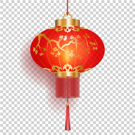 Festive Red Chinese lantern with gold flower sakura patterns and fringe isolated on transperent background, round shape, red holiday paper lamp, vector illustrationのイラスト素材