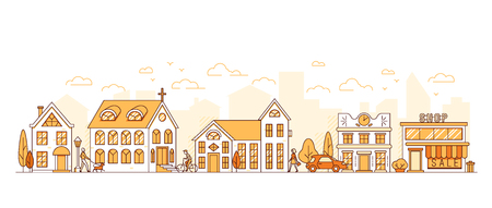 Line art, cityscape, town street with houses, church and shop, trees and clouds, people walking with dog, riding bicycle, everyday life, vector illustrationのイラスト素材