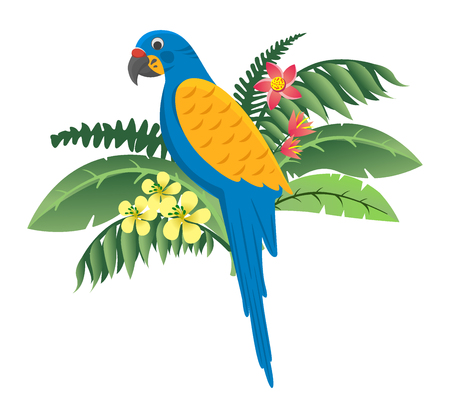 Colorful bird, parrot icon with blue body and yellow wings sitting in flowers and green leaves, vector illustration isolated on white backgroundのイラスト素材