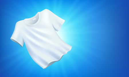 Bright white clean clothes, clean laundry on blue background, realistic fluttering T-shirt, vector illustrationのイラスト素材