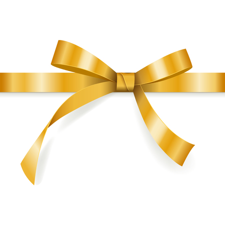 Golden bow with horizontal ribbon isolated on white background for gift decoration, greeting card, holiday design, vector illustrationのイラスト素材