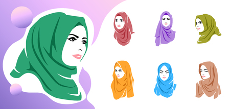 Set of beautiful woman wearing colorful hijab icon, isolated on white background, Muslim veil, vector illustrationのイラスト素材